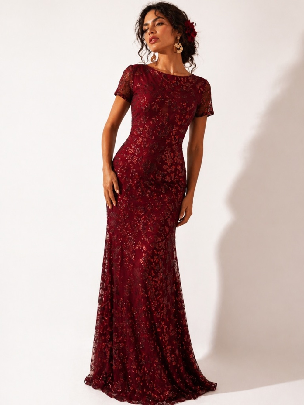 Burgundy Sequin Mesh Mermaid Gown Size 6 Corset Back Elegant Evening Dress